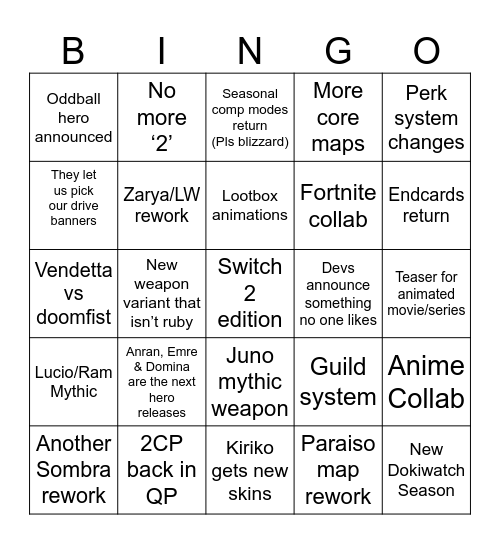 Ark’s Overwatch Spotlight 26 Bingo Card