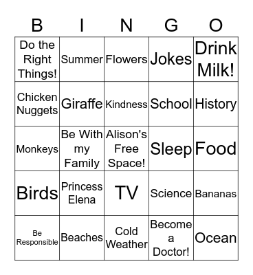 Alison's Favorite Things Bingo Card