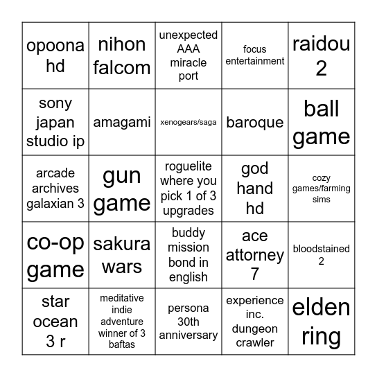 nintendo direct partner showcase Bingo Card