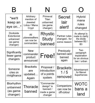Commander announcement 09.02.2026 Bingo Card