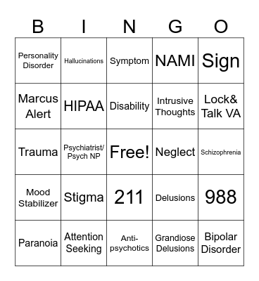 Mental Health Bingo Card