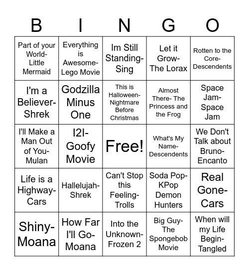 Movie Songs Bingo Card