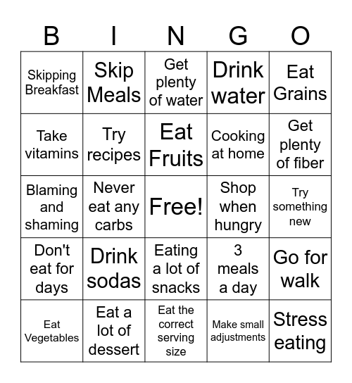 Healthy eating Bingo Card