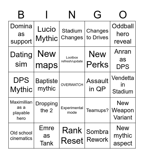 Overwatch Spotlight Bingo Card