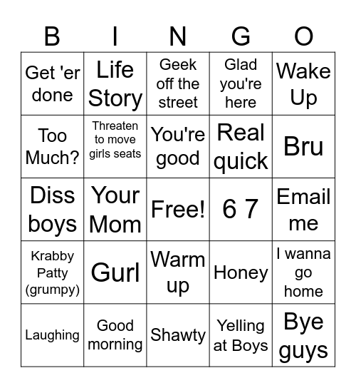 Sayings in PattyLand Bingo Card