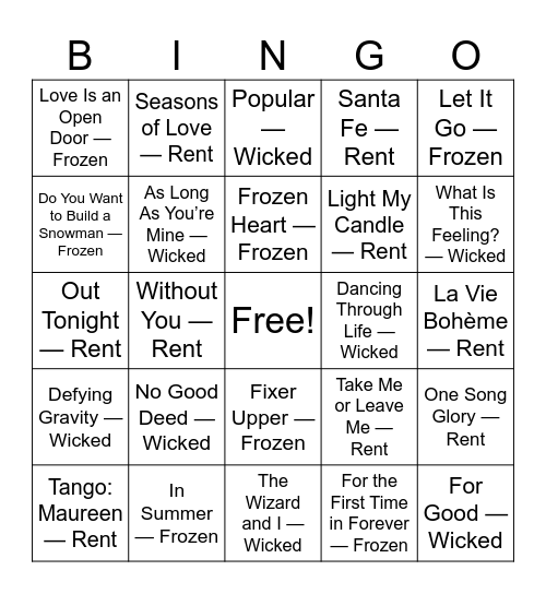 Idina Menzel Music Bingo Card