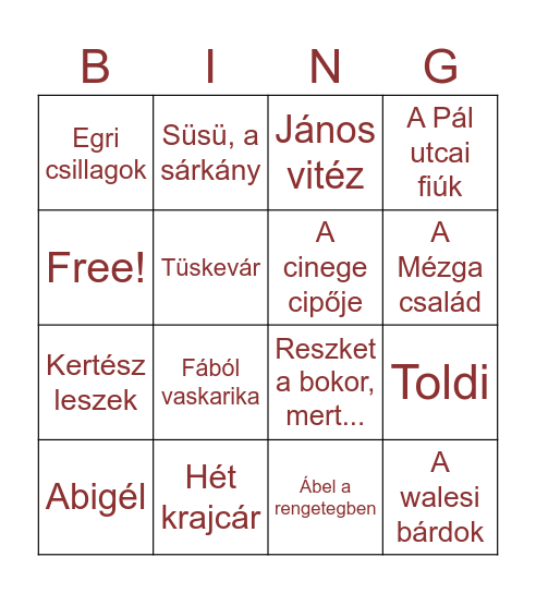 Irodalmi alkotások és szerzők Bingo Card