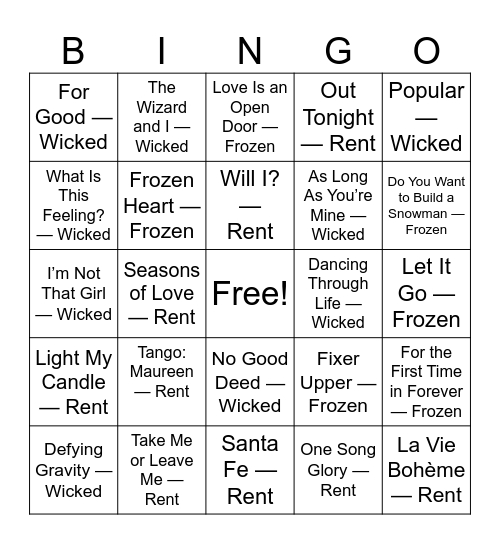 Idina Menzel Music Bingo Card