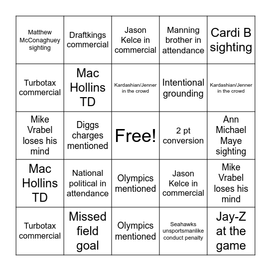 SUPER BOWL LX Bingo Card