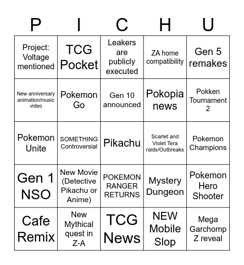 Pokemon Presents Bingo Card