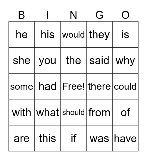 Sight Word BINGO Card