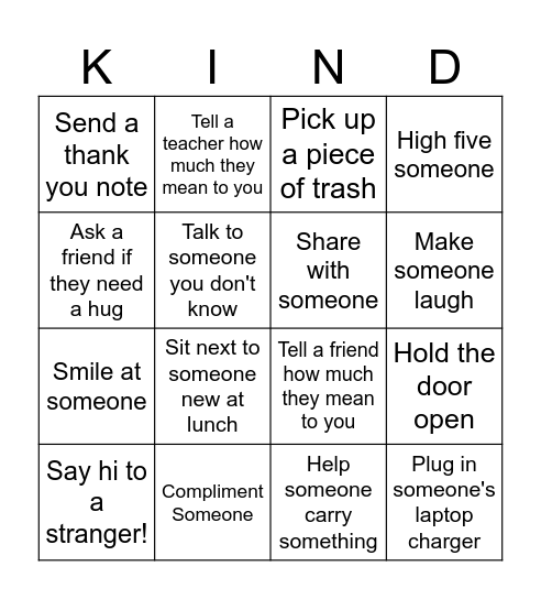 Kindness Week Bingo Card