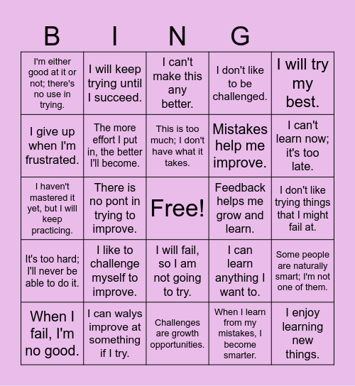 Growth vs. Fixed Mindset Bingo Card