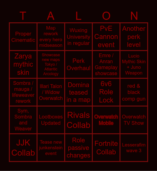 Overwatch Spotlight Bingo Card