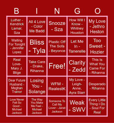 Love Song Bingo Card