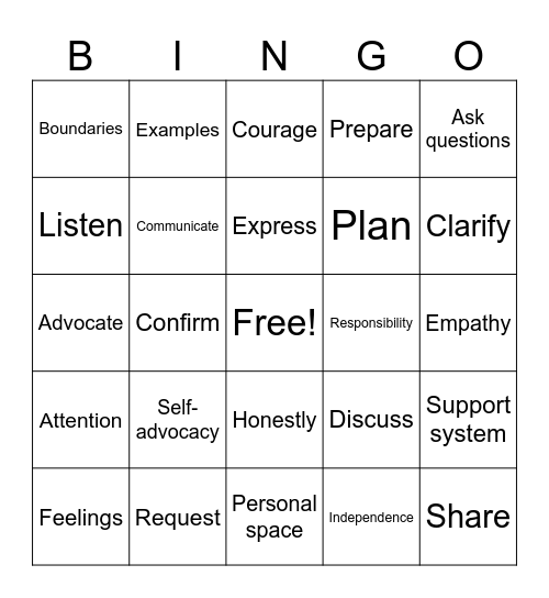 Self-Advocacy Bingo Card