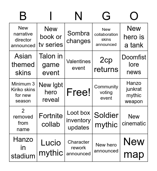 Overwatch Spotlight Bingo Card