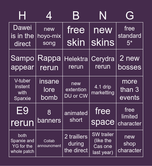 HSR 4.0 Bingo Card