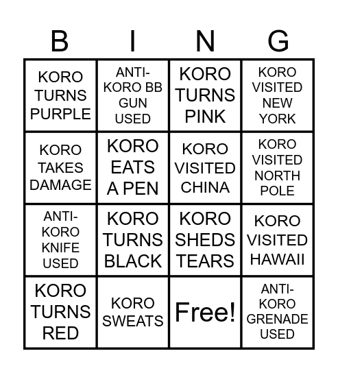 ASSASSINATION CLASSROOM BINGO Card