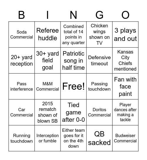 2026 Super Bowl Bingo Card