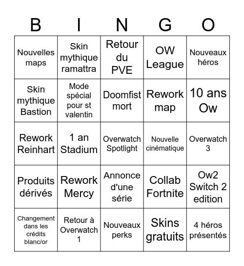 Overwatch Spotlight Bingo Card