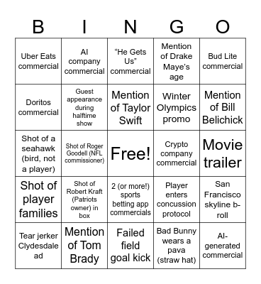 Super Bowl 2026 Bingo Card