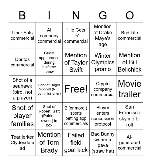 Super Bowl 2026 Bingo Card