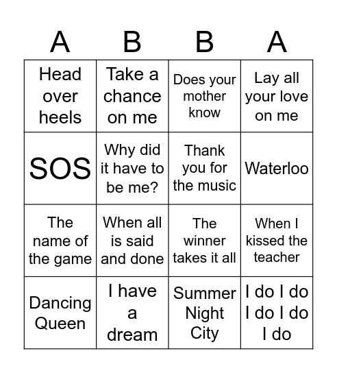 Abba Anneke Bingo Card