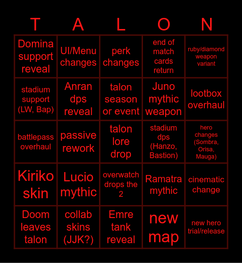 Talon Season Bingo Card