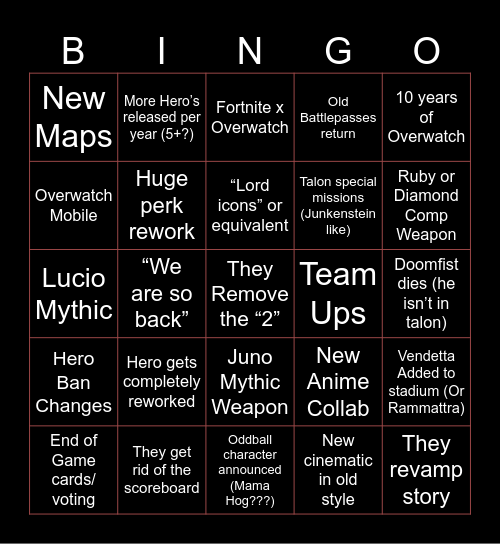 Overwatch Spotlight Bingo Card