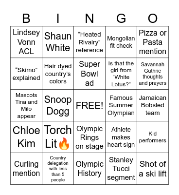Opening Ceremony Bingo Card