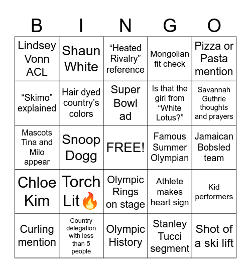 Opening Ceremony Bingo Card