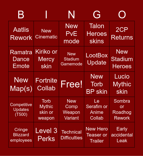 Overwatch Spotlight Bingo Card