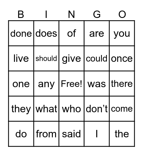 Sight Word Bingo Card