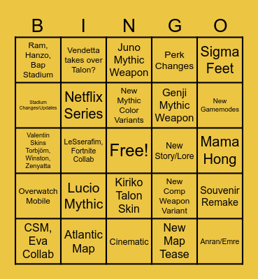 Overwatch Spotlight Bingo Card