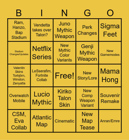 Overwatch Spotlight Bingo Card