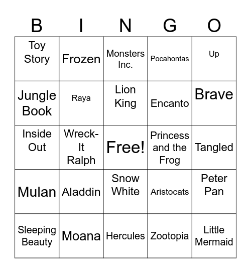 Disney Movies Bingo Card