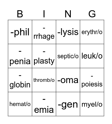 Hematic Word Parts Bingo Card