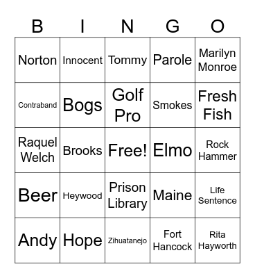 Shawshank Redemption Bingo Card