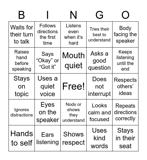 Listening Bingo Card