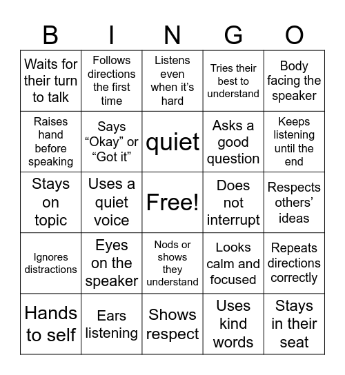 Listening Bingo Card