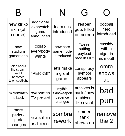 Overwatch Spotlight 2026 Bingo Card