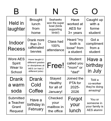 Faculty Bingo - February 2026 Bingo Card