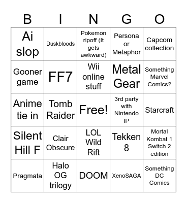 Nintendo direct partner showcase Bingo Card