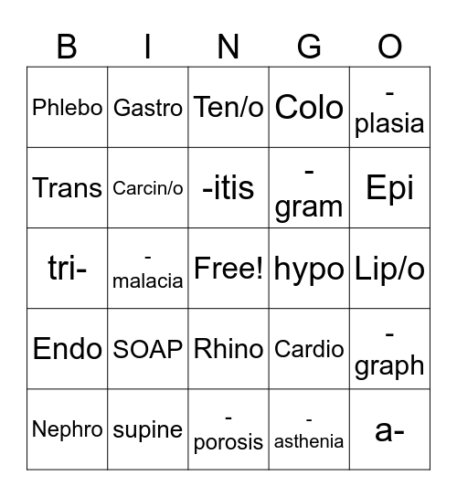 Medical Terminology Bingo Card