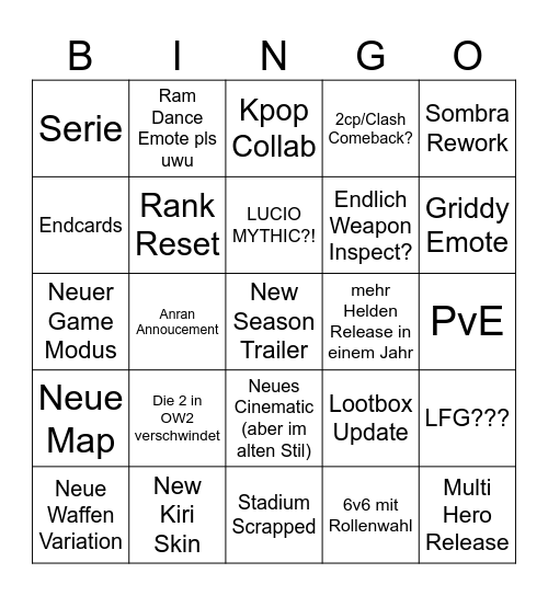 Overwatch Spotlight Bingo Card