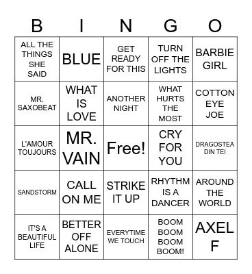 Euro Dance Bingo Card