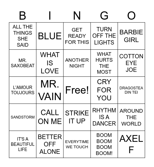 Euro Dance Bingo Card