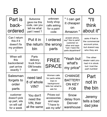 PARTS DEPARTMENT BINGO Card