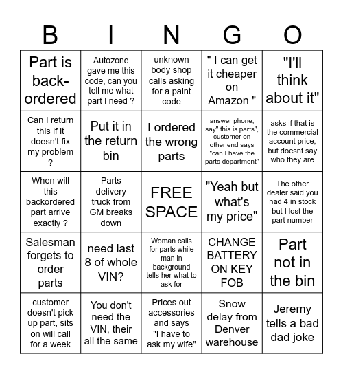 PARTS DEPARTMENT BINGO Card